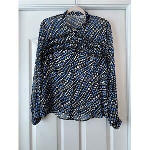 WORTHINGTON BLACK Blue & WHITE BLOUSE Polka dot Large Shirt Top Ruffles Office